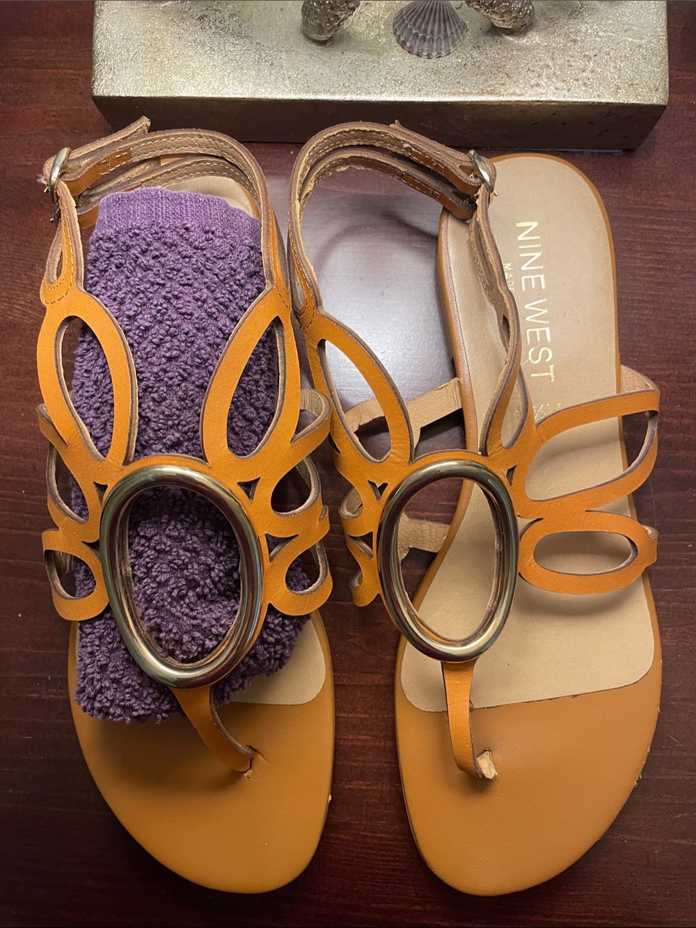Nine West Women’s Tan/Gold Cutout Leather Sandals